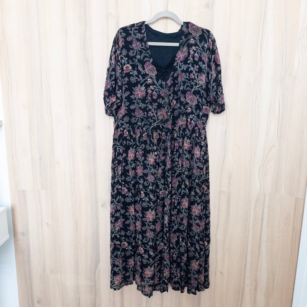 VTG Starina Womens Maxi Dress Size M Black Floral Lace Short‎ Sleeve 90s Cottage